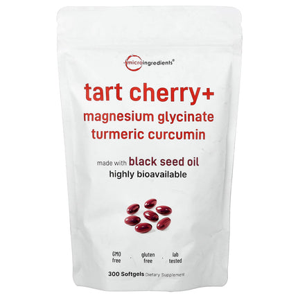 Micro Ingredients Tart Cherry+ softgel pouch with magnesium glycinate and turmeric curcumin, black seed oil, 300 softgels
