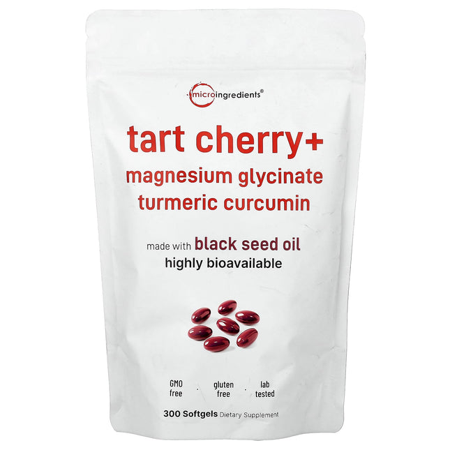Micro Ingredients Tart Cherry+ softgel pouch with magnesium glycinate and turmeric curcumin, black seed oil, 300 softgels