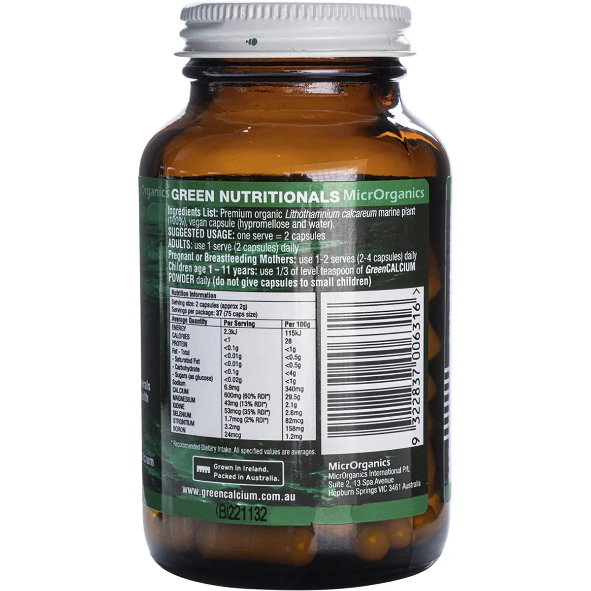 GREEN NUTRITIONALS Green Calcium Vegan Capsules 600mg 60 Caps