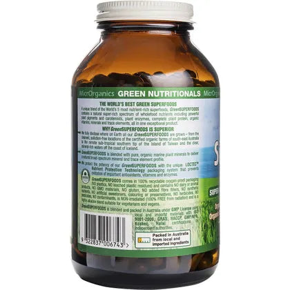 GREEN NUTRITIONALS Organic Green Superfoods Vegan Capsules 600mg 250 Caps