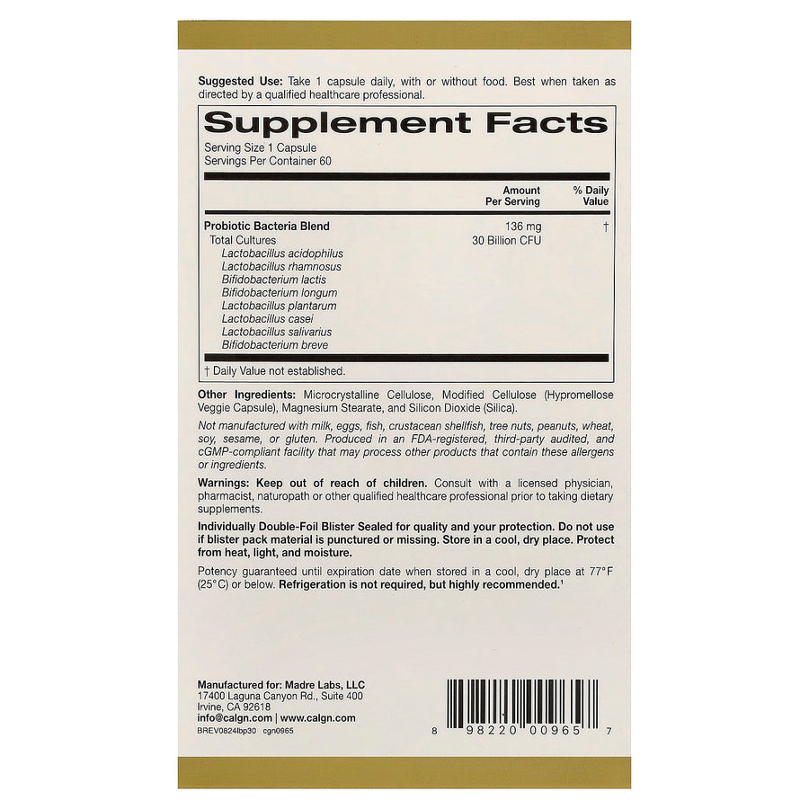 California Gold Nutrition LactoBif 30 Probiotics 30 Billion CFU capsules bottle
