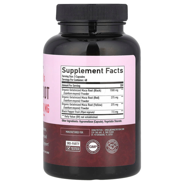 SMNutrition Women's Maca Root supplement facts panel showing black, red and yellow maca root and black pepper fruit per serving
