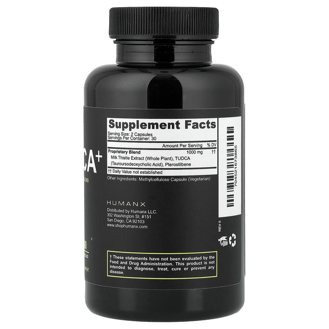 Supplement Facts panel for Humanx TUDCA+ showing 1000mg proprietary blend per serving