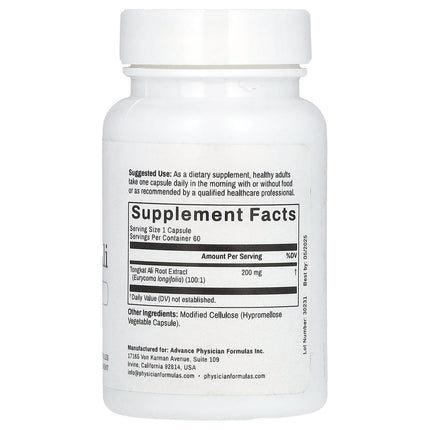 Advance Physician Formulas Tongkat Ali supplement facts panel showing 200mg 100:1 root extract