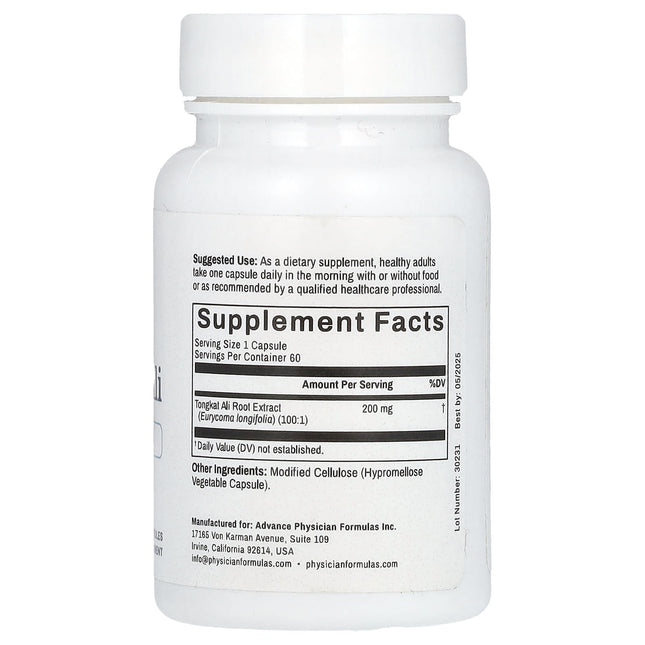Advance Physician Formulas Tongkat Ali supplement facts panel showing 200mg 100:1 root extract