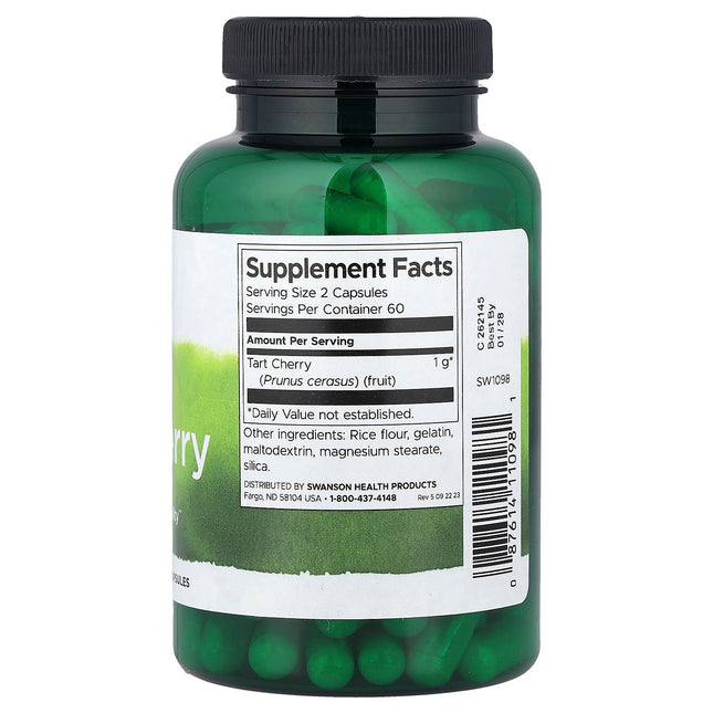Supplement facts panel for Swanson Tart Cherry showing 1g tart cherry fruit per 2 capsule serving