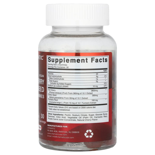 Supplement facts panel for Vitamatic Tart Cherry Celery Seed Turmeric Gummies showing extract amounts per serving