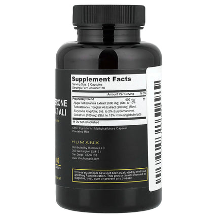 Humanx Turkesterone & Tongkat Ali supplement facts panel showing Ajuga turkestanica, Tongkat Ali and Colostrum blend