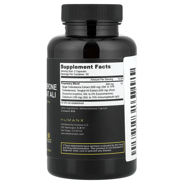 Humanx Turkesterone & Tongkat Ali supplement facts panel showing Ajuga turkestanica, Tongkat Ali and Colostrum blend