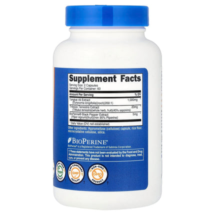 Nutricost Tongkat Ali supplement facts panel, 120 capsule bottle, showing 1000mg 200:1 extract with Tribulus and BioPerine