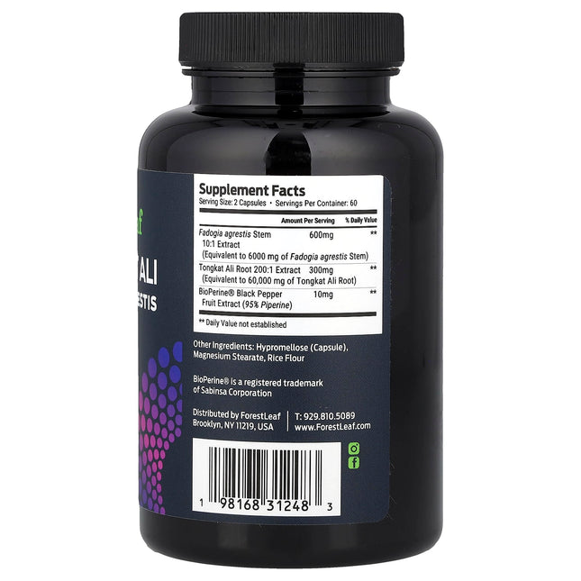 Forest Leaf supplement facts panel showing Tongkat Ali 200:1, Fadogia Agrestis 10:1 and BioPerine per serving