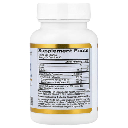 Supplement facts panel for California Gold Nutrition Omega 800, kd-pur triglyceride 1000mg