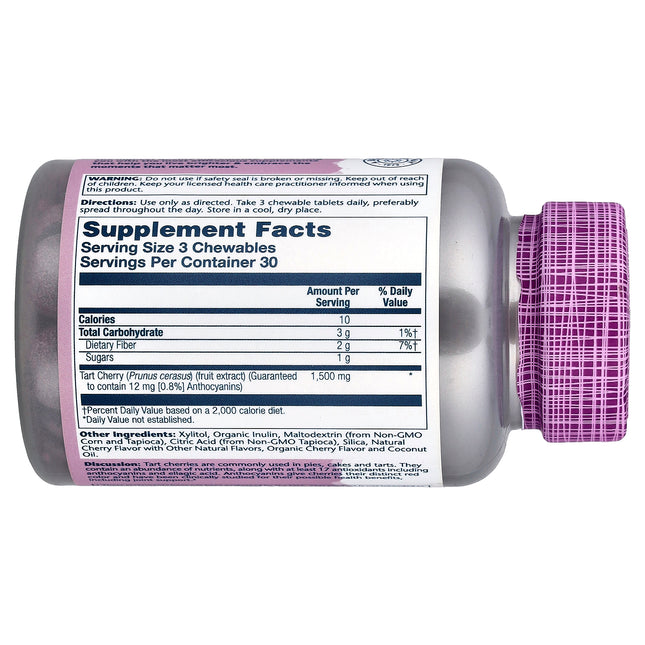 Supplement facts panel for Solaray Tart Cherry chewables showing guaranteed 0.8% anthocyanin content per serving