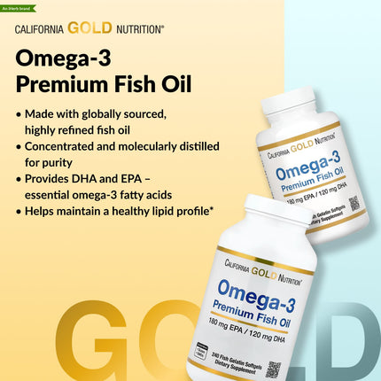 California Gold Nutrition Omega-3 Premium Fish Oil available in 100 and 240 capsule sizes