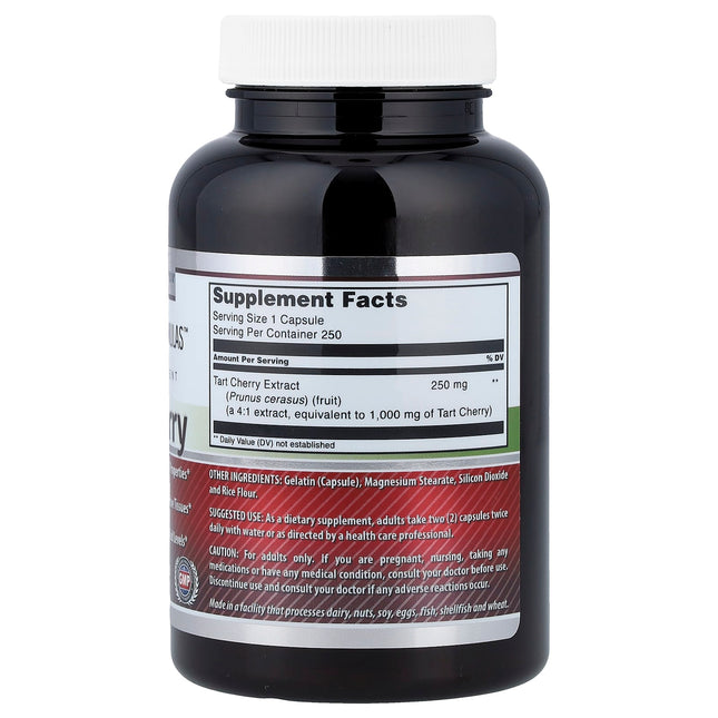 Supplement facts panel for Amazing Nutrition Tart Cherry showing 250mg 4:1 extract equivalent to 1000mg tart cherry
