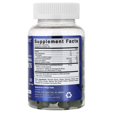 Supplement facts panel for Vitamatic Vegan Ashwagandha Gummies showing 30:1 ashwagandha root extract per serving