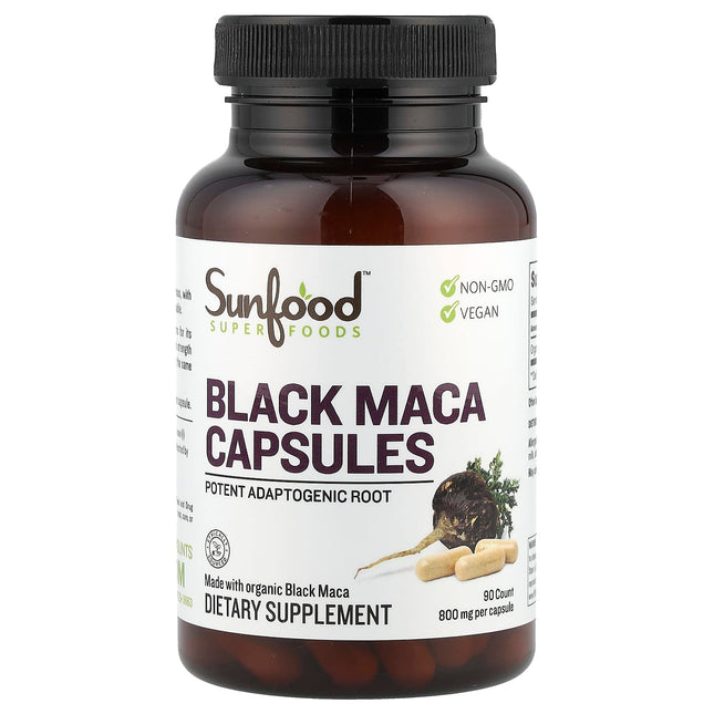 Sunfood Organic Black Maca capsules bottle, 800mg, 90 capsules
