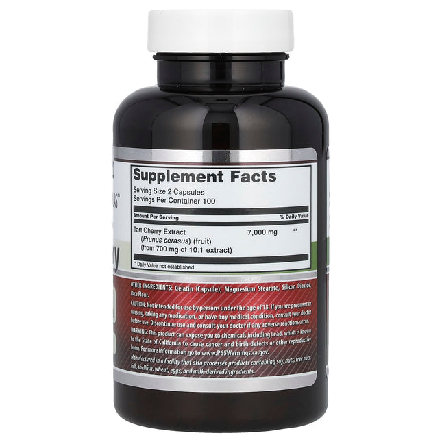 Supplement facts panel for Amazing Nutrition Tart Cherry showing 700mg 10:1 extract equivalent to 7000mg tart cherry