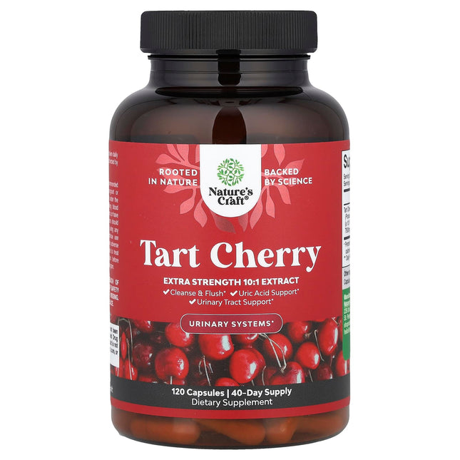 Nature's Craft Tart Cherry capsules bottle, extra strength 10:1 extract for uric acid and urinary tract support, 120 capsules