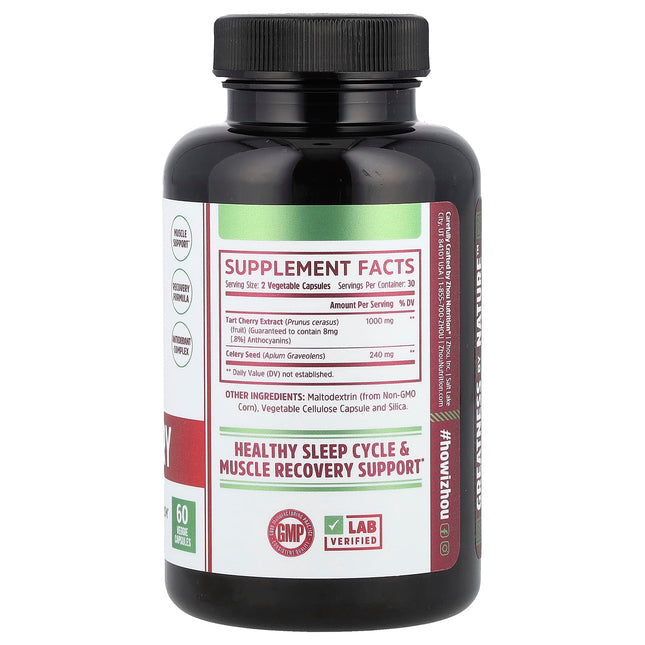 Supplement facts panel for Zhou Nutrition Tart Cherry Extract and Celery Seed showing 1000mg tart cherry and 240mg celery seed per serving