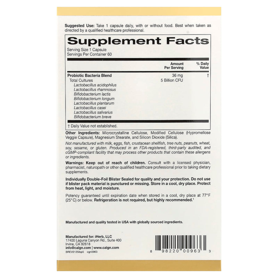 California Gold Nutrition LactoBif 5 Probiotics 5 Billion CFU capsules bottle