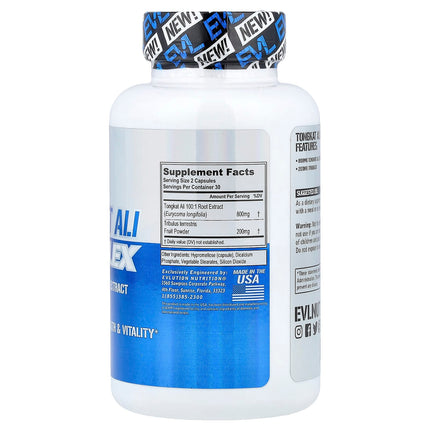 EVLution Nutrition supplement facts panel showing 800mg Tongkat Ali 100:1 extract and Tribulus terrestris per serving