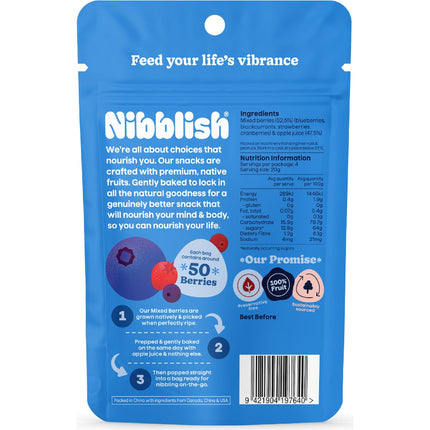 Nibblish snack package with blue background and white text