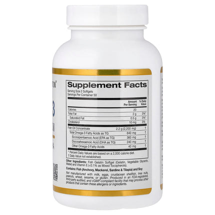 Supplement facts panel for California Gold Nutrition Omega-3 Premium Fish Oil, 1100mg per softgel
