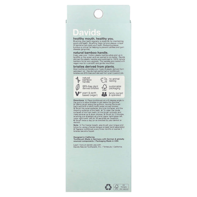 Davids Premium Bamboo Toothbrush, 3 Pack - back of box