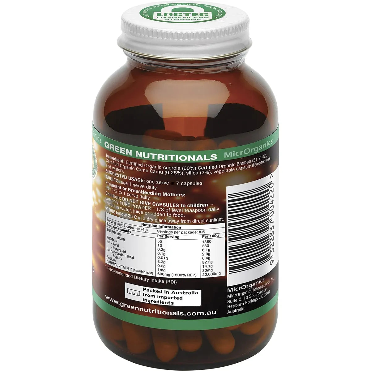GREEN NUTRITIONALS Organic Green Vitamin C Vegan Capsules 600mg 60 Caps