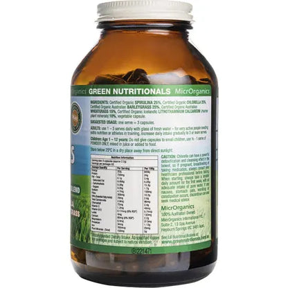 GREEN NUTRITIONALS Organic Green Superfoods Vegan Capsules 600mg 250 Caps