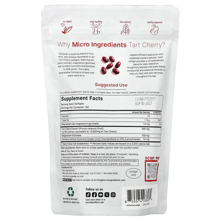 Supplement facts panel for Micro Ingredients Tart Cherry+ showing tart cherry extract, magnesium glycinate and turmeric per serving
