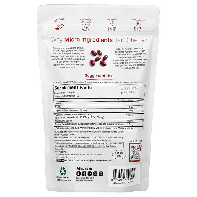Supplement facts panel for Micro Ingredients Tart Cherry+ showing tart cherry extract, magnesium glycinate and turmeric per serving