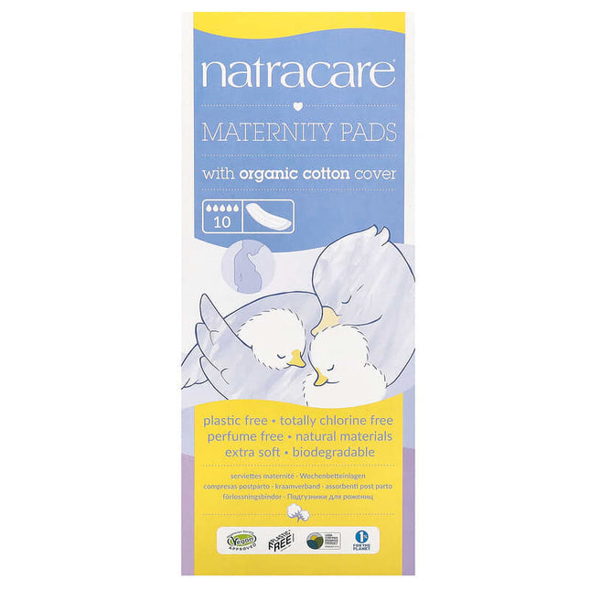 Natracare Maternity Pads box packaging, featuring a light blue and yellow design with an illustration of two sleeping white birds. The packaging highlights organic cotton covers, a count of 10 pads, and eco-friendly and biodegradable features.