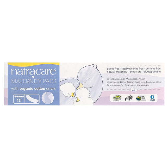 Natracare Maternity Pads packaging box showing 10 pads, with a blue and lavender design, an illustration of a mother bird, and text highlighting organic cotton cover and product benefits.