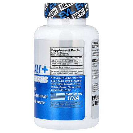 EVLution Nutrition supplement facts panel showing 400mg Tongkat Ali and 600mg Fadogia Agrestis per serving