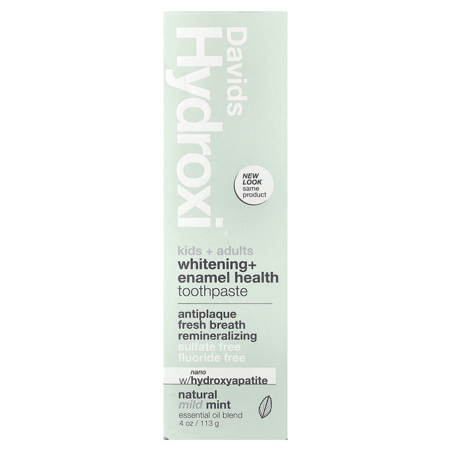 Davids Hydroxi Kids + Adults Whitening + Enamel Health Toothpaste, Natural Mild Mint - ingredient label
