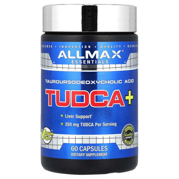 ALLMAX TUDCA+ 250mg vegan capsules bottle, 60 capsule front label