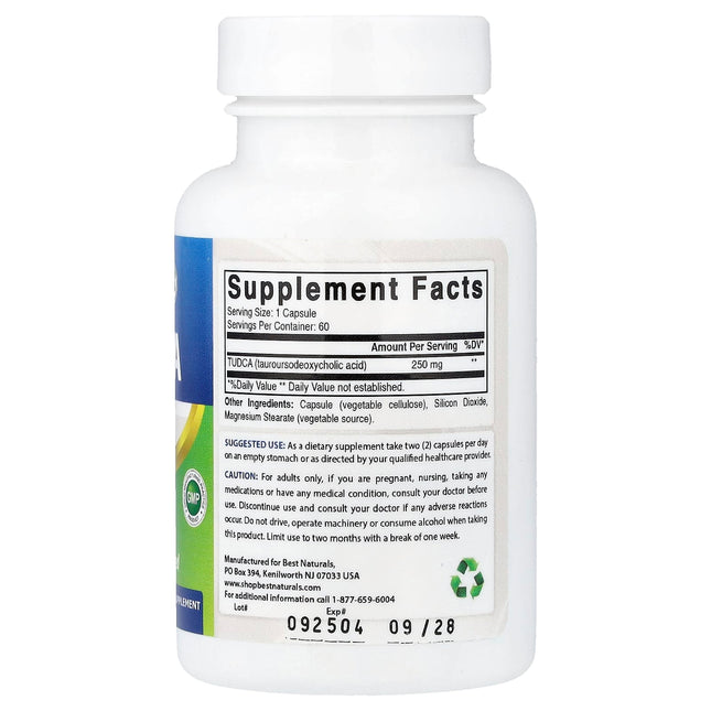 Supplement Facts panel for Best Naturals TUDCA showing 250mg per capsule and usage precautions