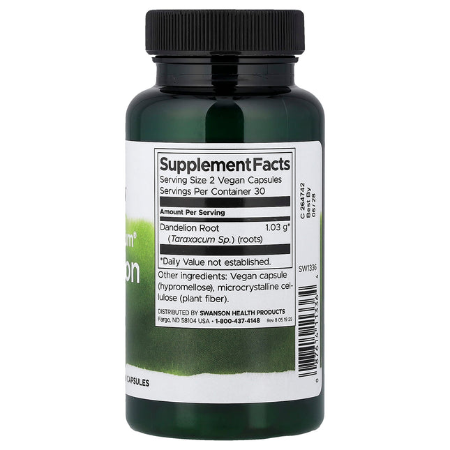 Swanson Full Spectrum Dandelion Root capsules, supplement facts label