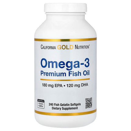 California Gold Nutrition Omega-3 Premium Fish Oil bottle shown at an angle