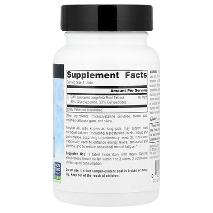 Source Naturals Tongkat Ali supplement facts panel, 60 tablet bottle, showing 80mg LJ100 extract