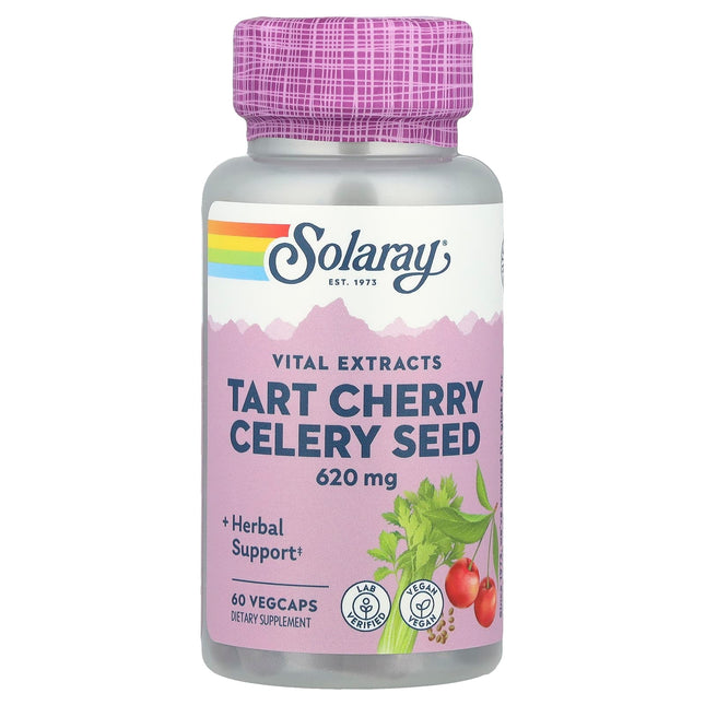 Solaray Tart Cherry Celery Seed vegan capsule bottle, 620mg, uric acid support, 60 vegcaps