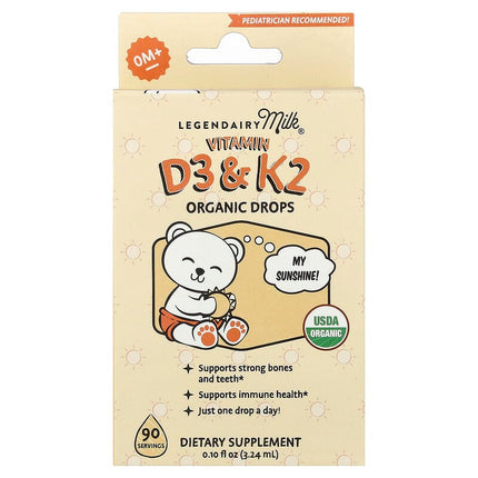 Legendairy Milk, Vitamin D3 & K2 Organic Drops, 0+ Months, 0.1 fl oz (3.24 ml)