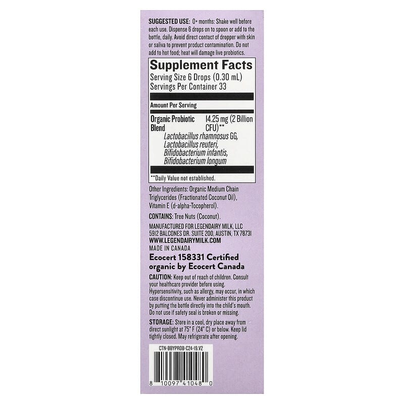 Legendairy Milk, Probiotic Organic Drops, 0+ Months, 0.34 fl oz (10 ml)
