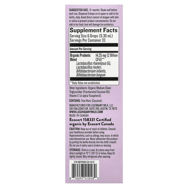 Legendairy Milk, Probiotic Organic Drops, 0+ Months, 0.34 fl oz (10 ml)