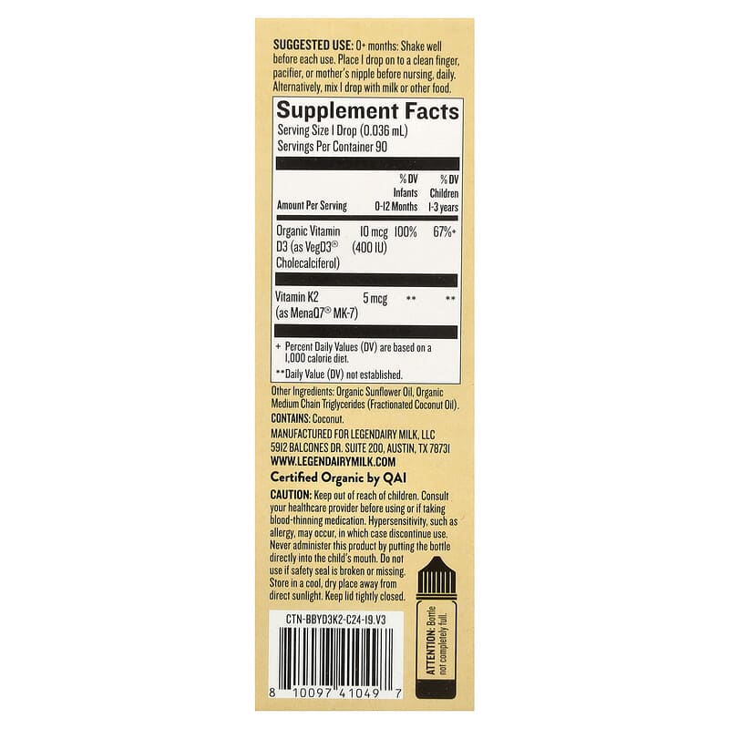 Legendairy Milk, Vitamin D3 & K2 Organic Drops, 0+ Months, 0.1 fl oz (3.24 ml)