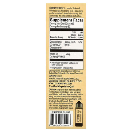 Legendairy Milk, Vitamin D3 & K2 Organic Drops, 0+ Months, 0.1 fl oz (3.24 ml)