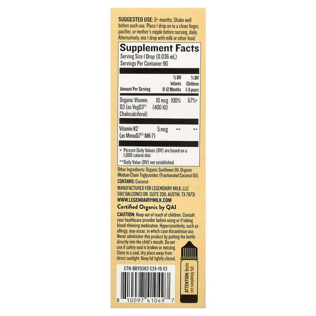 Legendairy Milk, Vitamin D3 & K2 Organic Drops, 0+ Months, 0.1 fl oz (3.24 ml)