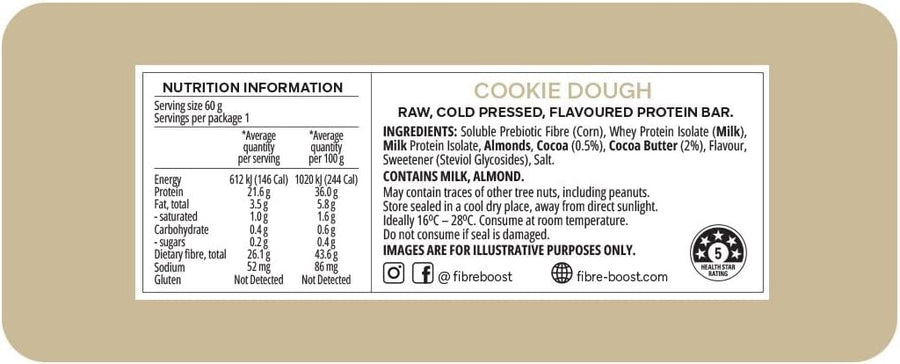 Nutrition label and ingredient list of Fibre Boost Cold Pressed Cookie Dough protein bar
